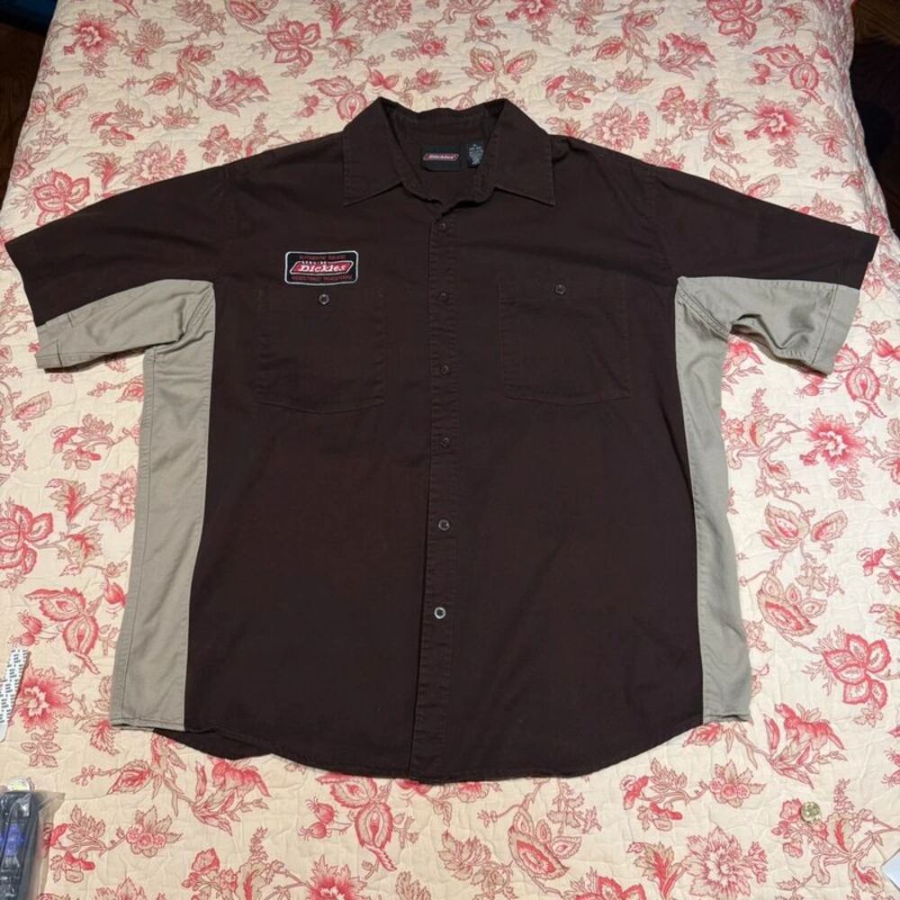 Dickies Workwear Two Tone Dark Brown and beige Button Up Shirt XL